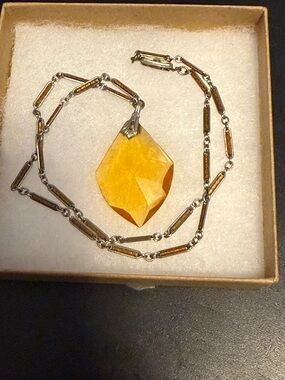 Antique Art Deco Citrine/Amber Crystal Glass Pendant Necklace